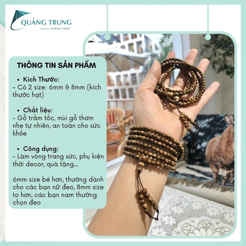 Vòng tay trầm hương 108 hạt trầm tốc tự nhiên - Chuỗi hạt đeo tay 6mm 8mm bảo hành 6 tháng