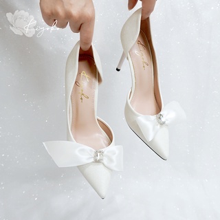 Giày cưới Kiyoko cao gót hở eo đính nơ satin thanh lịch