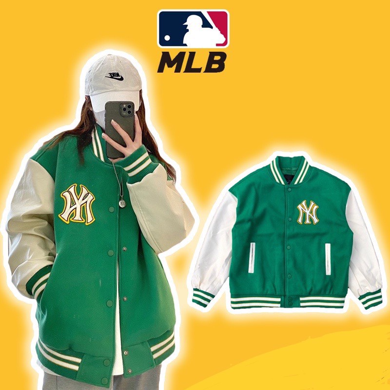 Áo Varsity Jacket MLB Logo Tay Da, áo khoác bomber MLB màu xanh