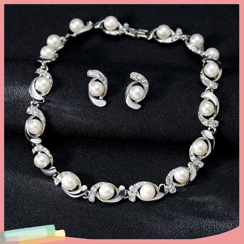 Bộ Trang Sức Vòng cổ + Vòng Tay + Đôi Khuyên Tai Đính Ngọc Trai Giả Sang Trọng Cho Nữ