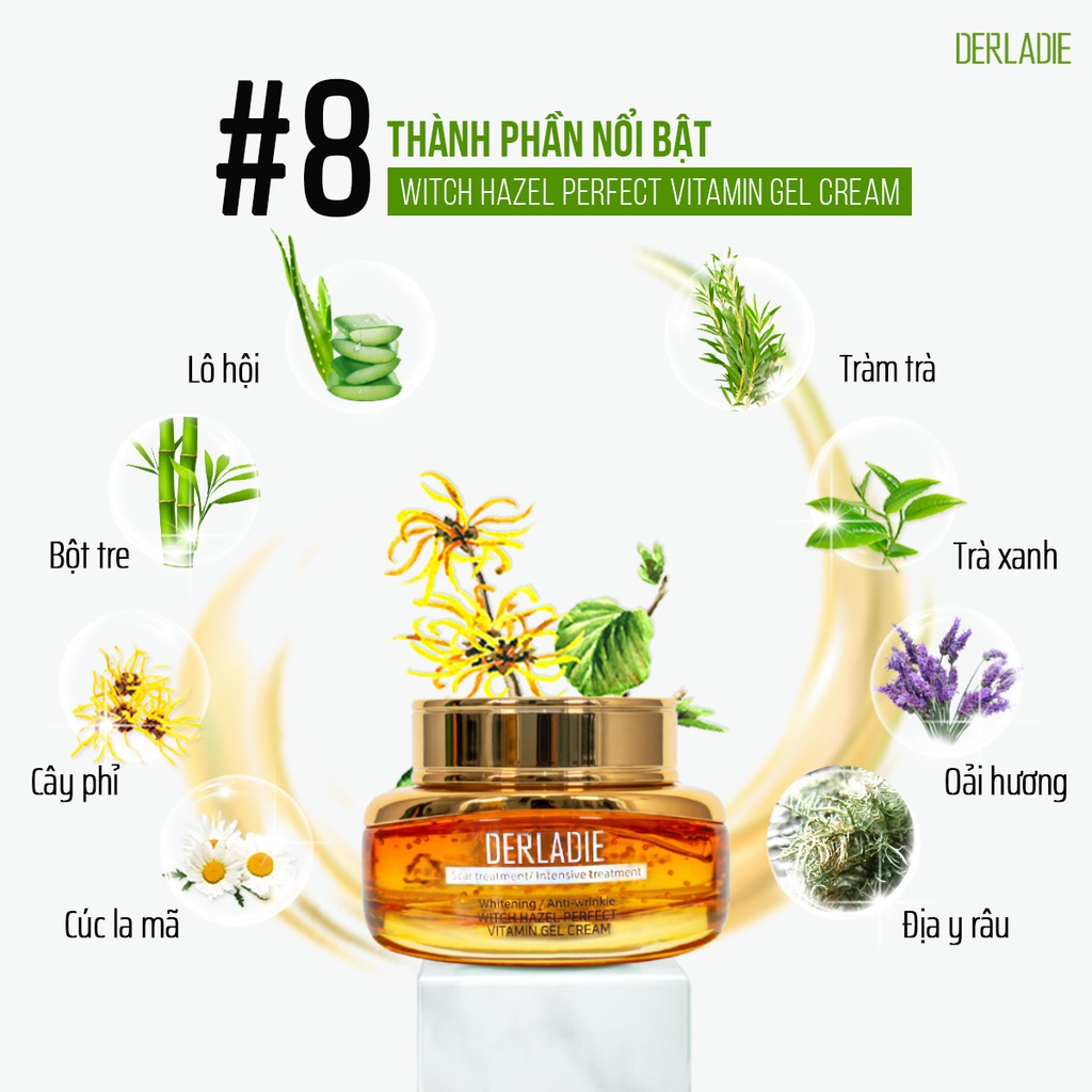 Bộ sản phẩm Tẩy trang, Serum, Kem dưỡng Derladie Witch Hazel làm sạch, ngừa mụn, giảm thâm, làm đầy sẹo rỗ