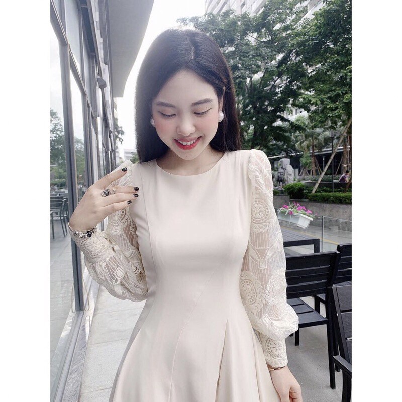Đầm thiết kế DVC cực sang chảnh, váy dáng xòe cao cấp màu kem,sammi shop | BigBuy360 - bigbuy360.vn