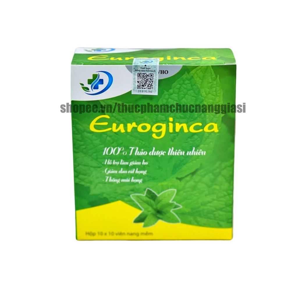 Viên tinh dầu tràm Euroginca bổ sung tinh dầu bạc hà giúp giảm ho, giảm đau họng - Hộp 100 viên
