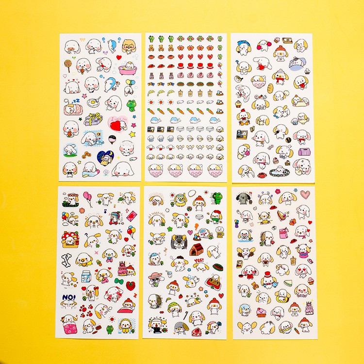 Bộ 6 Tờ Sticker Dán Trang Trí Chó, Thỏ, Ốc Sên, Icon Cảm Xúc Xinh Xắn