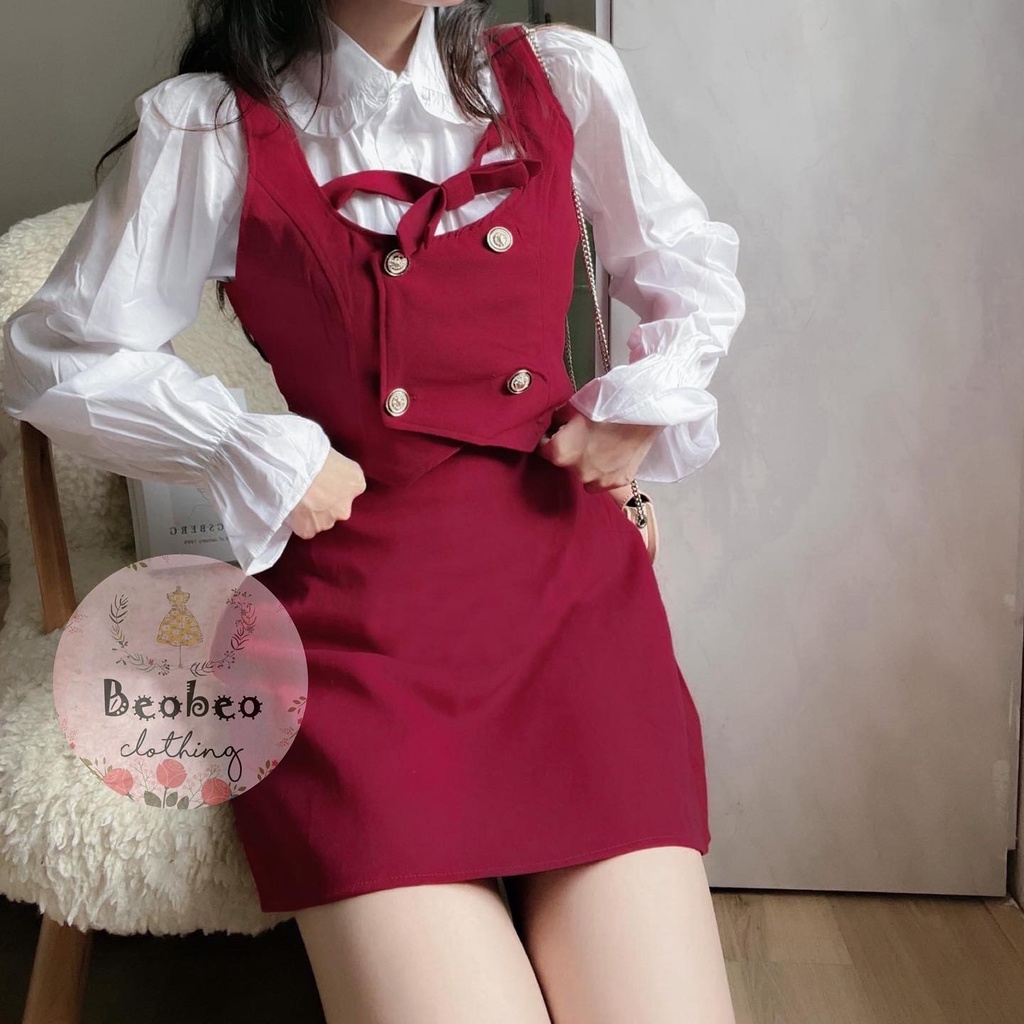 Set áo sơ mi tay phồng phối áo gile nút kèm chân váy chữ A