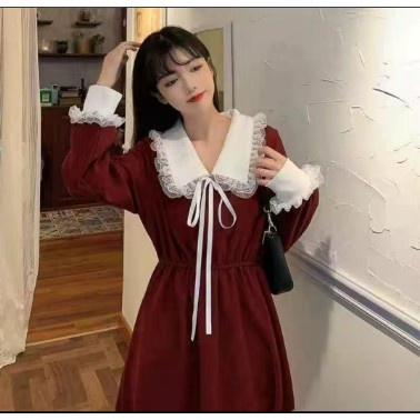 Váy đầm nữ màu đỏ xòe dự tiệc dài tay phối cổ ren vintage kiểu dáng đẹp sành điệu hàng Quảng Châu NITEHY 3