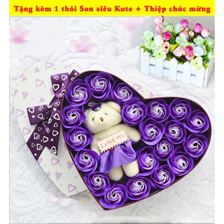 Quà tặng bạn gái 8/3 14/2 20/10 - Hộp Hoa Hồng Sáp Thơm Trái Tim 20 Bông + gấu -MÀU TÍM THỦY CHUNG -tặng kèm 1 THỎI SON