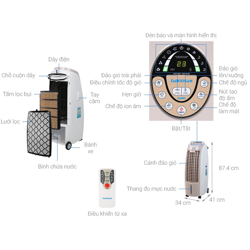 Quạt điều hòa Daikio DKA-01500B - Tiện ích:Có bánh xe di chuyển, Tấm lọc bụi, Hẹn giờ tắt, Điều khiển từ xa, Đảo tự động