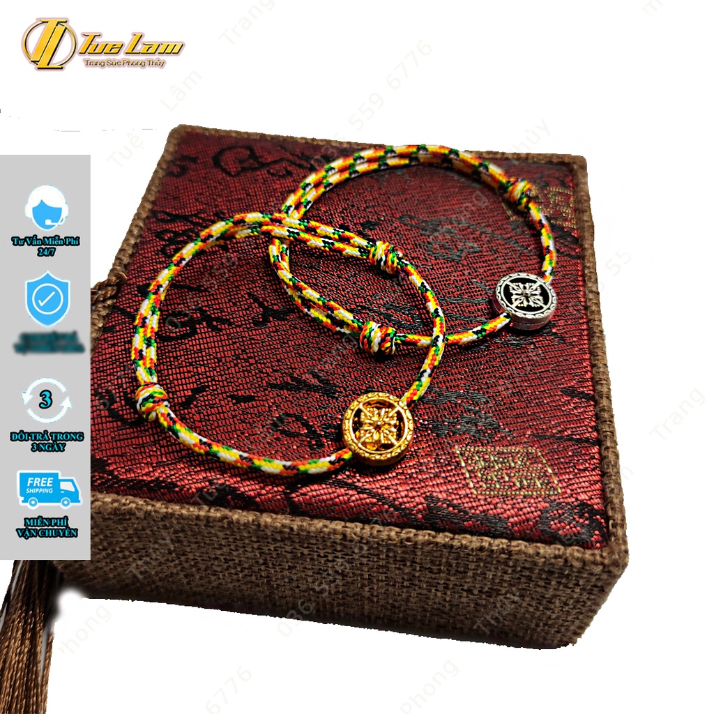 Vòng tay chỉ ngũ sắc tây tạng may mắn mix charm bánh xe pháp luân bình an - Tuệ Lâm