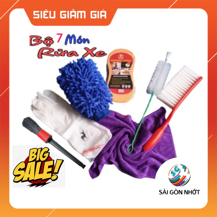 Bộ 6 dụng cụ rửa xe máy, ôtô tại nhà (khăn lau, găng tay, bao xúc tu, bàn chải, cọ và mút rửa xe)