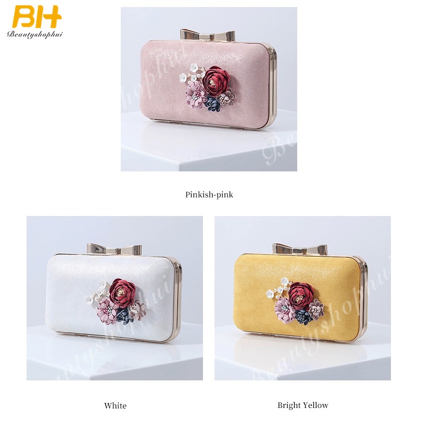 Ví Cầm Tay Dáng Vuông Nhỏ Đính Hoa Thủ Công Dễ Thương Cho Nữ