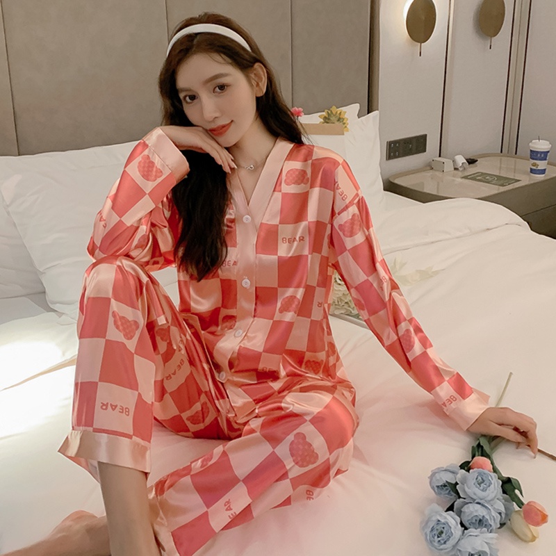 Bộ Đồ Ngủ Lụa Satin Tay Dài Thời Trang Hàn Quốc Dành Cho Nữ Size M-5XL