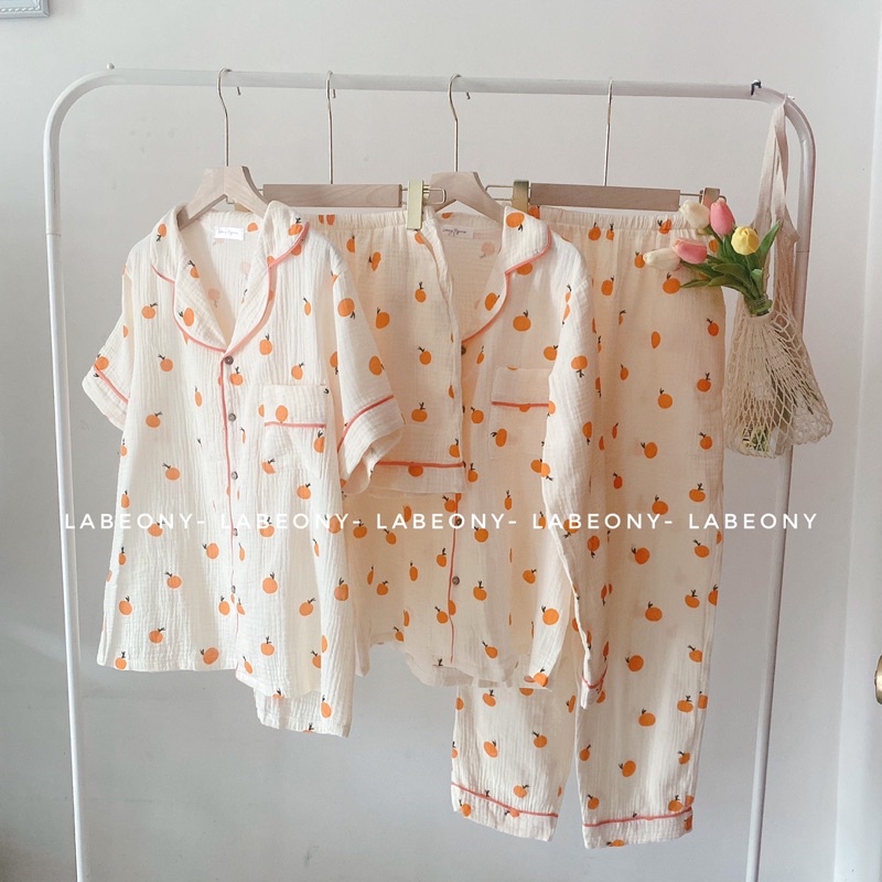 Đồ mặc nhà cao cấp Pyjamas đồ bộ nữ Họa tiết trái cam muslin cao cấp Labeony