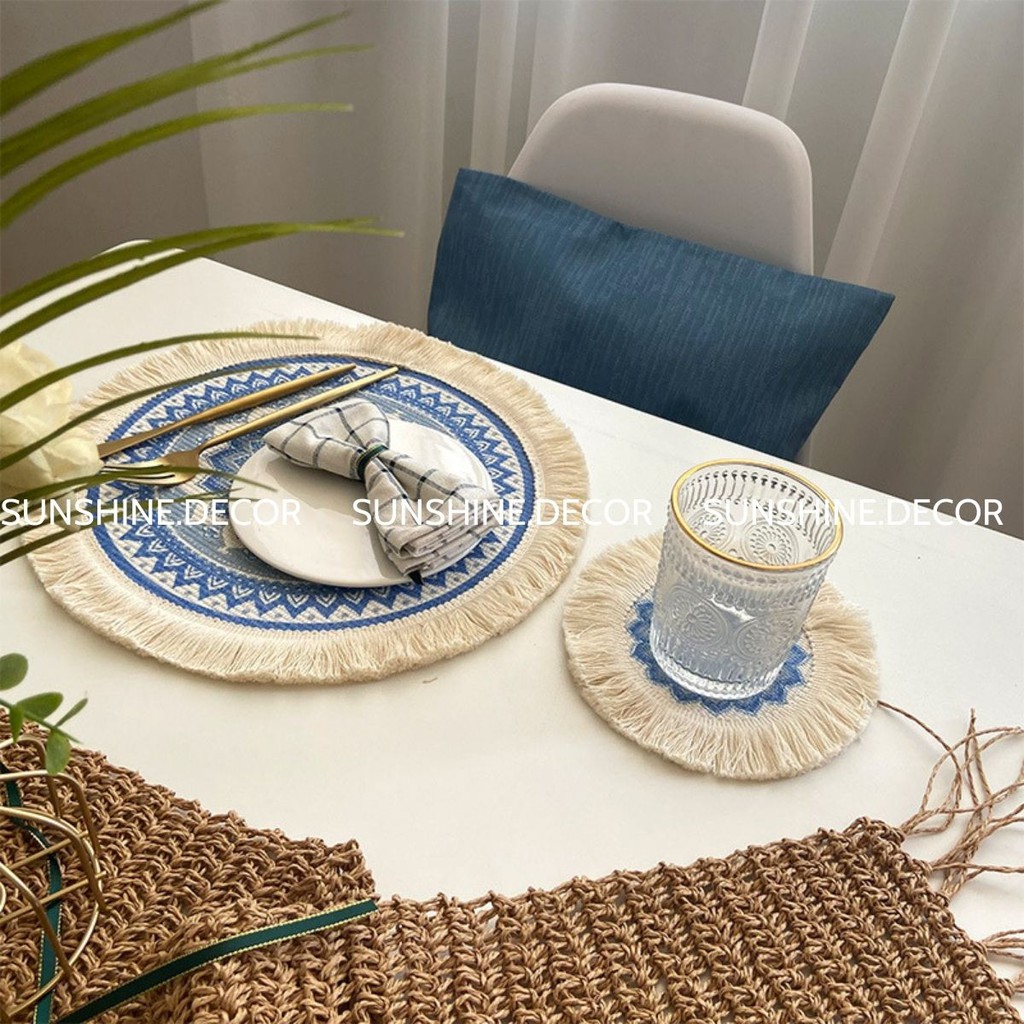 Thảm Thổ Cẩm Tròn Tua Rua Trang Trí Lót Bàn Ăn Phong Cách Vintage- Sunshine.decor