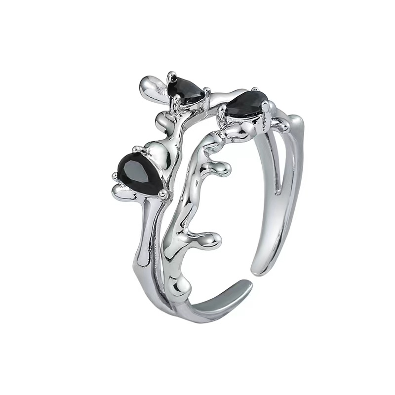 Nhẫn Hở Màu Bạc Hình Cành Hoa Đính Đá Zircon Đen Cổ Điển Có Thể Điều Chỉnh Thời Trang Cho Nữ