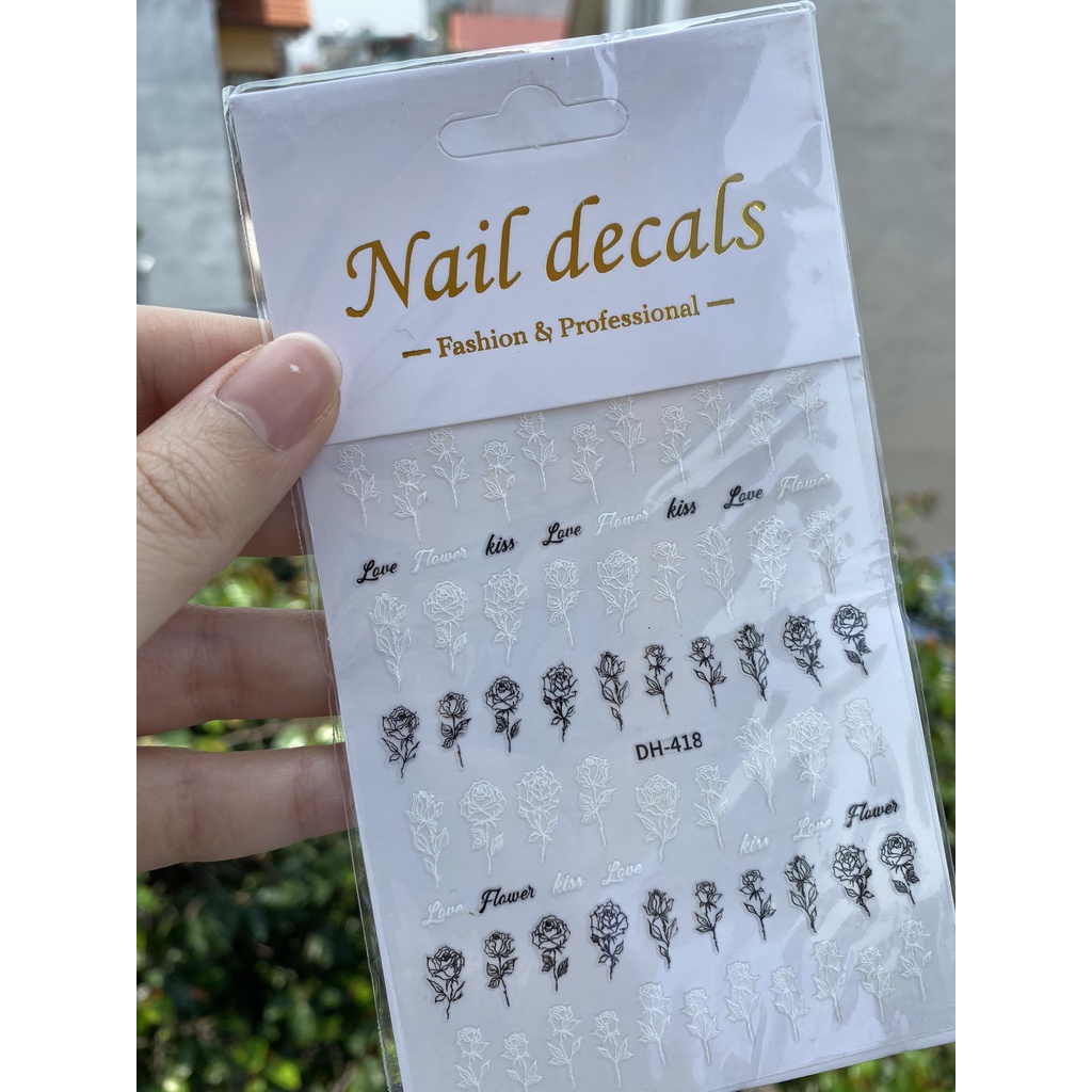 Sticker dán móng/ trang trí móng hoa hồng đen trắng siêu hót