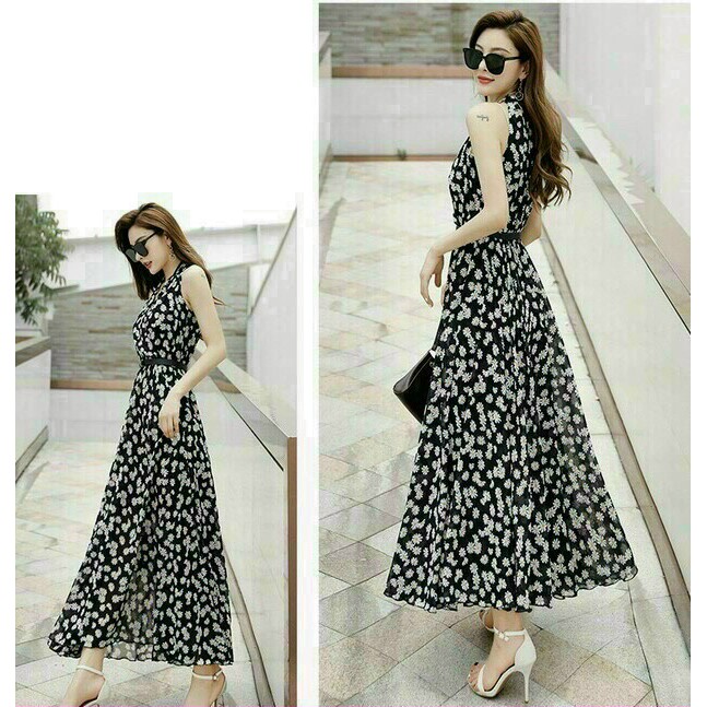 ĐẦM MAXI HOA CÚC XẾP LI CÁCH ĐIỆU CỔ V KÈM NỊT - 20Xcloset