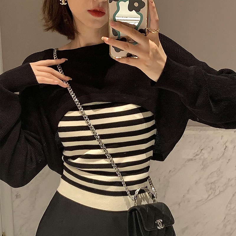 Set Áo Len Dài Tay Họa Tiết Kẻ Sọc Và Áo Hai Dây Phong Cách Hàn Quốc Thời Trang Cho Nữ