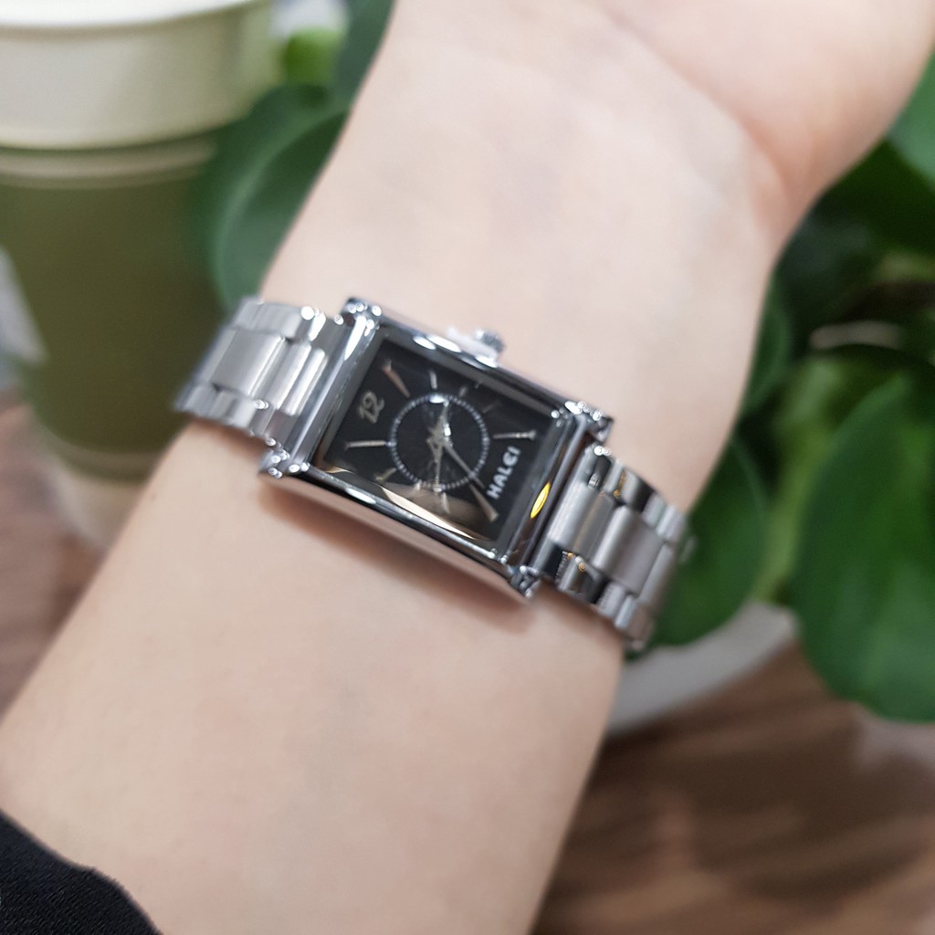 [FLASH SALE]Đồng hồ nữ HALEI dây thép- TẶNG 1 vòng tỳ hưu - dây trắng mặt đen