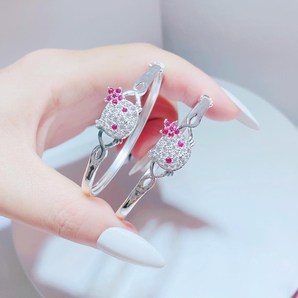 Vòng tay bạc ta cho bé gái hình mèo Hello Kitty - Vòng bạc đẹp có thể đeo tay, chân trẻ em từ 3 tuổi trở lên