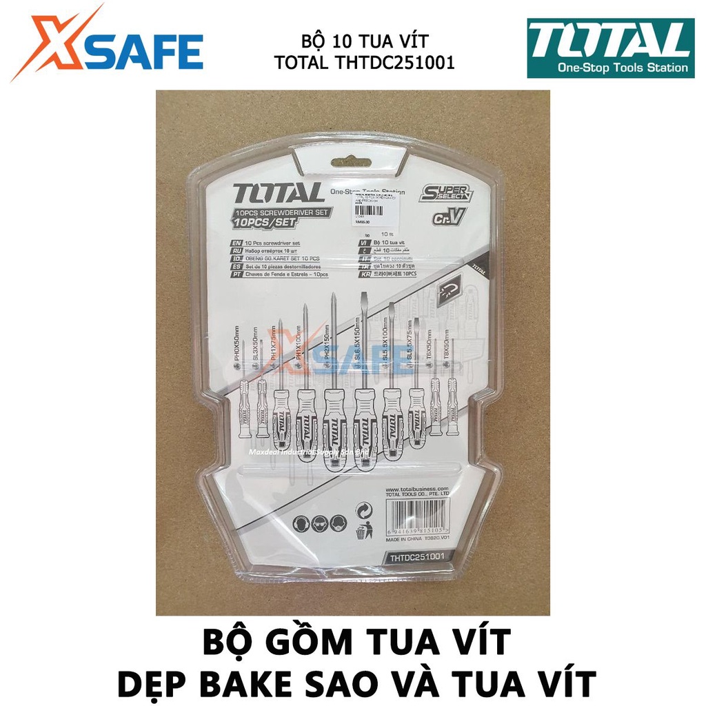 Bộ tuốc nơ vít đa năng 10 chi tiết TOTAL THTDC251001 | Bộ 10 tua vít dẹp, bake, sao và tua vít chuẩn,chất liệu thép CR-V