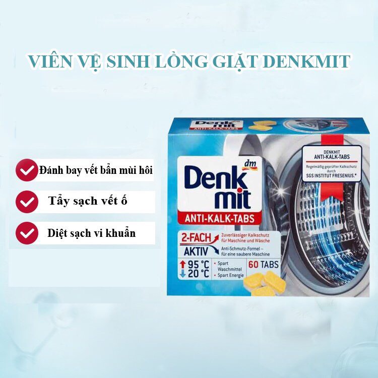 Hộp 60 viên tẩy lồng máy giặt Denkmit Anti Kalk Tabs tẩy cặn, diệt khuẩn hiệu quả - hàng chính hãng  Đức 100%