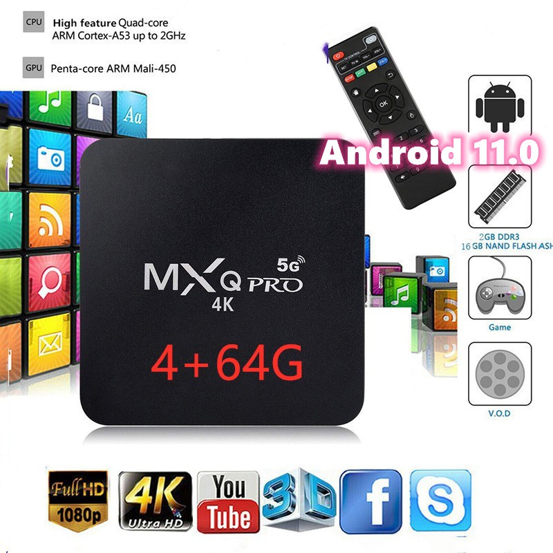 Hộp Tv thông minh MXQ PRO 5G 4K HD/ Android 11.0/4+64g hỗ trợ thẻ nhớ TF/đĩa U