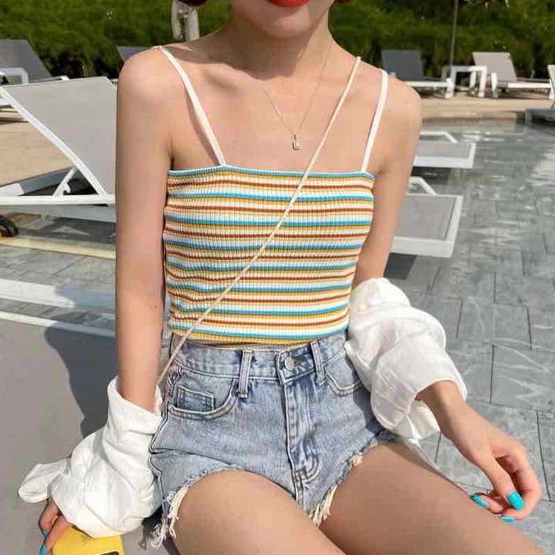 Brroa Áo Hai Dây Dệt Kim Ôm Dáng Họa Tiết Kẻ Sọc Màu Tương Phản Phong Cách Hàn Quốc Cho Nữ