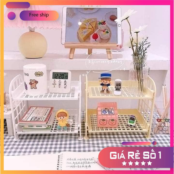 Kệ nhựa mini 2 tầng để đồ nhà tắm, nhà bếp, để sách trang trí bàn học 23*14*21cm.