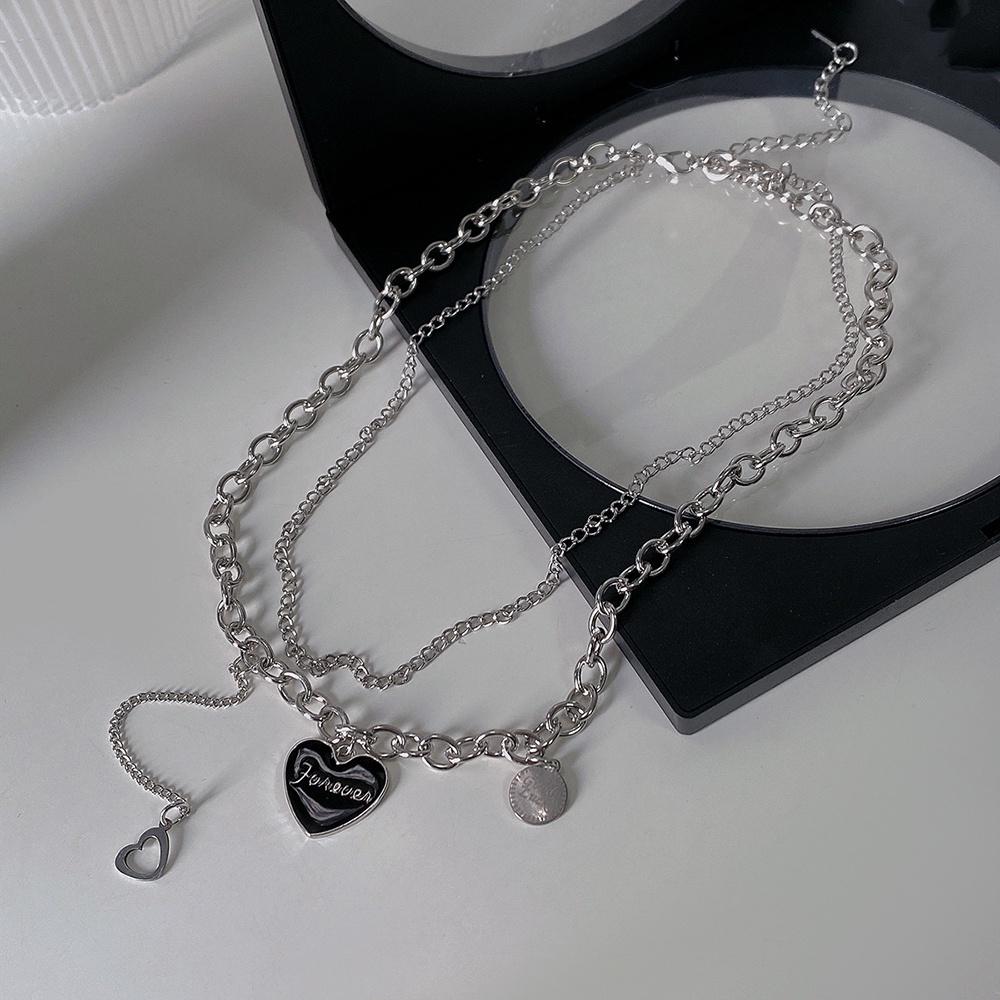 Vòng cổ Hai Lớp Hình Trái Tim Màu Đen Phong Cách Hip Hop Hàn Quốc Thời Trang