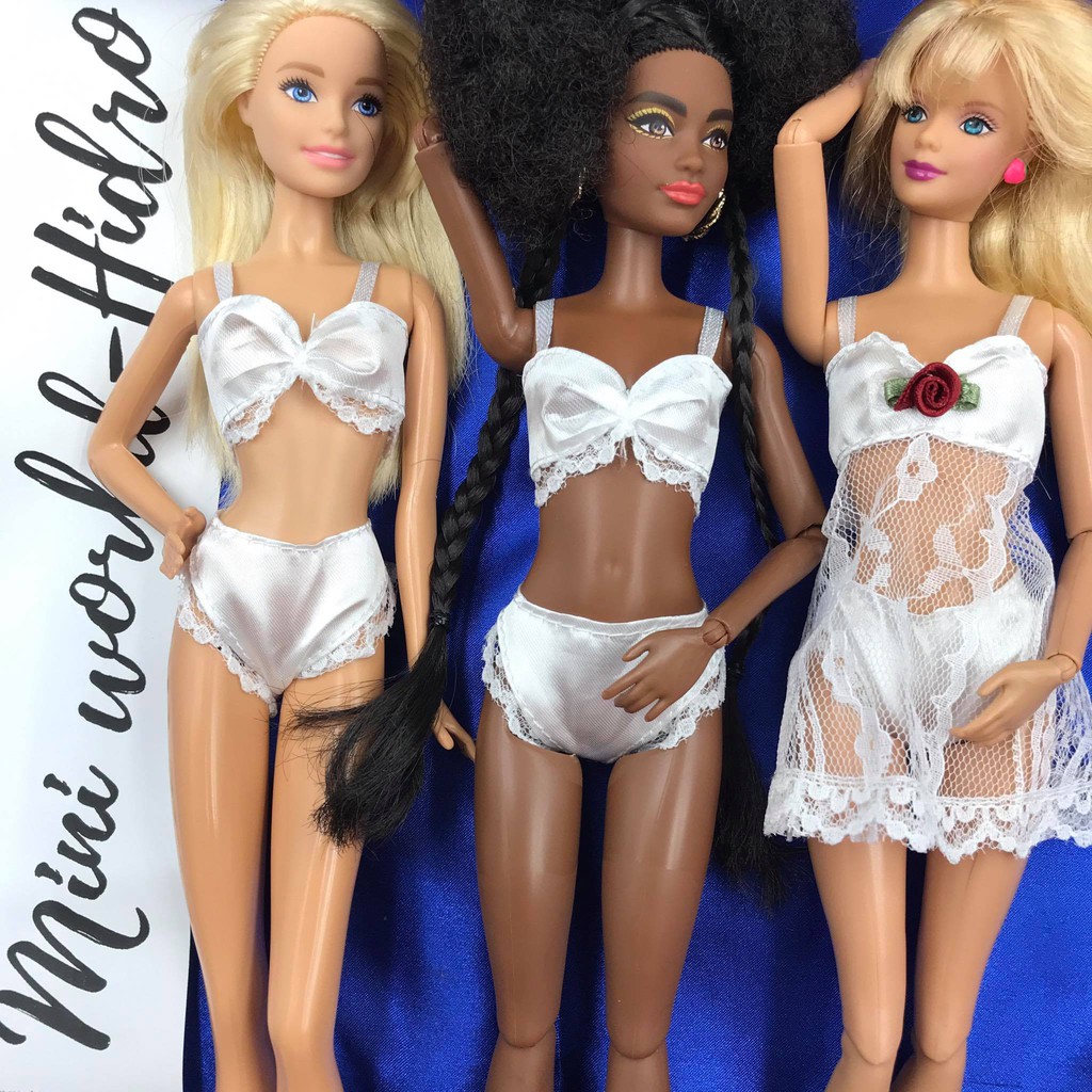 Combo 3pcs đồ ngủ bikini bra áo quần lót ren 3món dùng cho búp bê Barbie fashionistas, Barbie model 