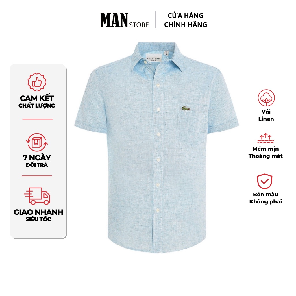 Áo sơmi nam tay ngắn Lacoste, sơ mi nam cộc tay basic, vải linen thoáng mát, form slim fit M1-8