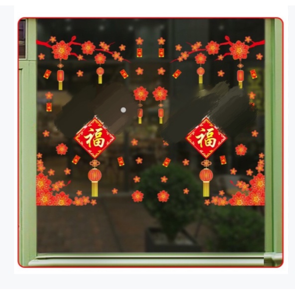Decal dán tường tết HÍT TĨNH ĐIỆN - Cành mai đỏ kèm chữ Phúc