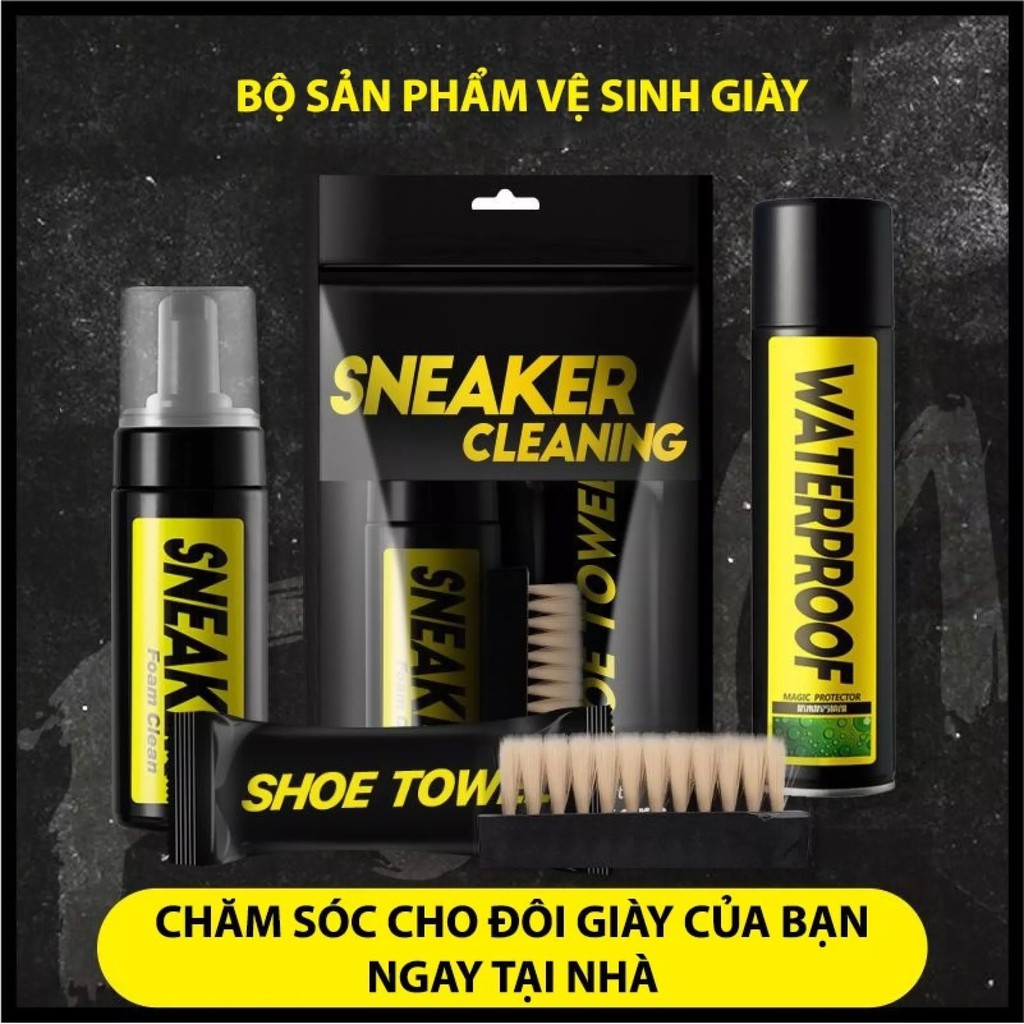 Combo Bộ kit vệ sinh giày Sneaker Cleaning 150ml, xịt chống nước Waterproof 300ml