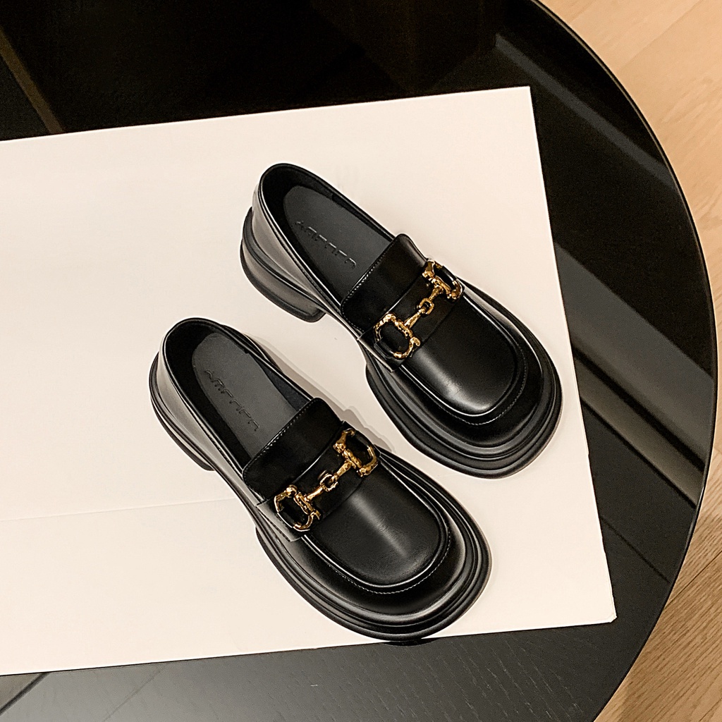 Giày lười da đế dày phối khóa hình móng ngựa thời trang 2022 cho nữ