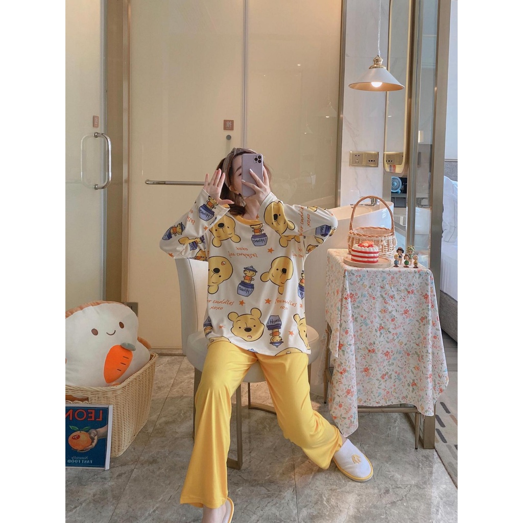 Hàng Oder Sẵn- Bộ đồ ngủ nữ mặc nhà Freesize dài tay thu đông in hình dễ thương chất liệu cotton mềm mịn co giãn 4 chiều