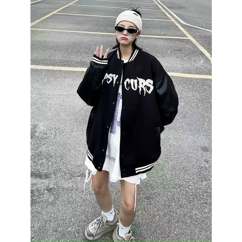 Áo Khoác Bomber Varsity Jacket Nam Nữ Full Đen Unisex Chất Kaki Dày Phối Da Lộn