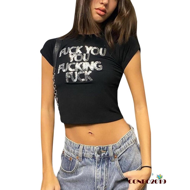 Áo Thun Croptop Tay Ngắn Cổ Tròn In Chữ Đính Kim Sa Lấp Lánh Thời Trang Mùa Hè Cho Nữ