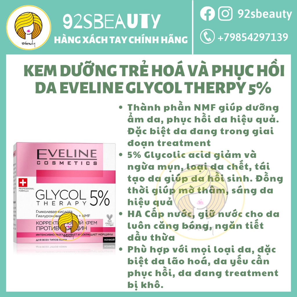 Kem dưỡng Eveline Glycol Therapy 5% Anti Wrinkle Correcting Cream trẻ hoá &amp; phục hồi da hiệu quả