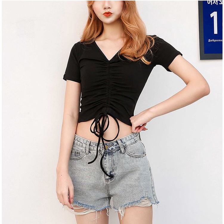 Áo croptop rút dây tay ngắn 💖YC Fashion💖 Áo thun croptop cổ tim chất thun co giãn cá tính ôm sexy màu đen trắng SP20