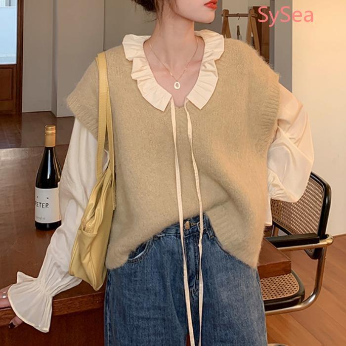 Áo Sơ Mi Voan Tay Dài / Áo Khoác Len Không Tay Thời Trang Cho Nữ