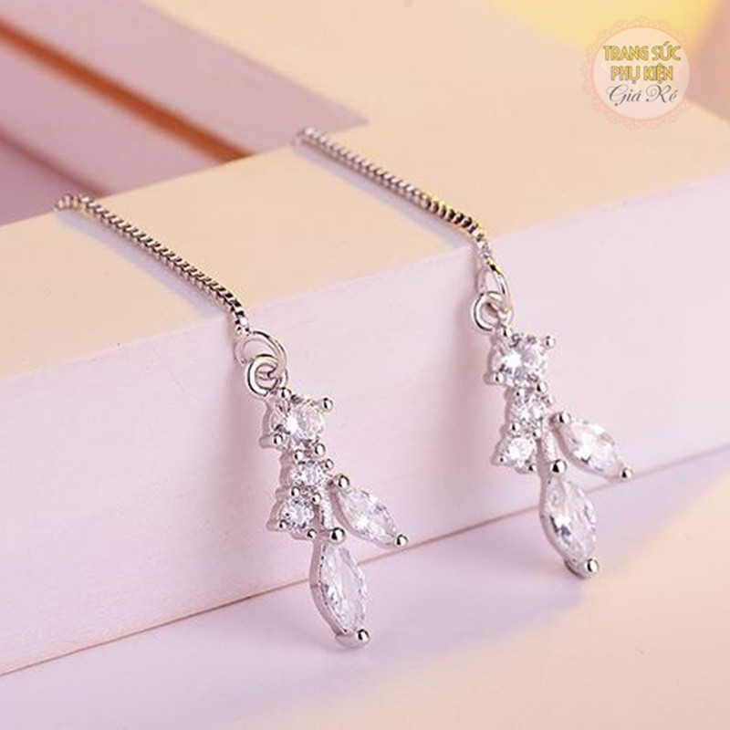 Hoa tai khuyên dài hai đầu hạt châu và họa tiết đá trắng HT169, bạc Ý S925