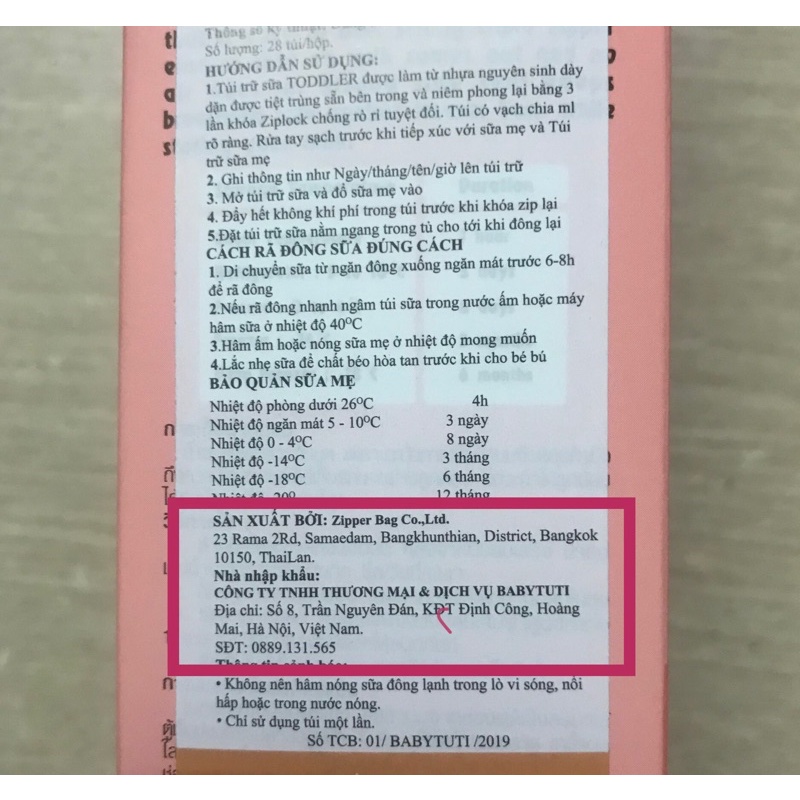 Túi trữ sữa Toddler 250ml hộp 49 túi - Thái Lan