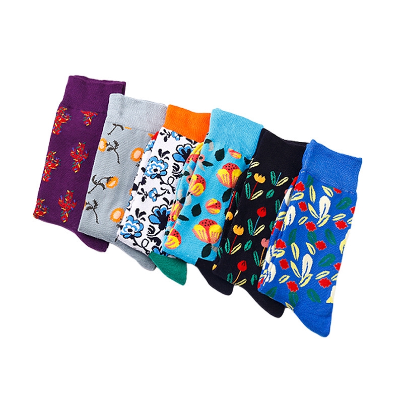 New Trend Couple Crew Socks Flowers Pattern Cotton Breathable Novelty Women Mid-Calf Socks Multicolor Fashion Soft Girls Hosiery