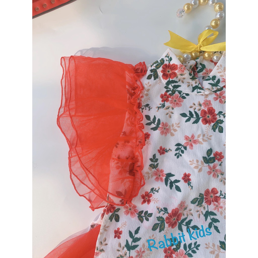 Áo Dài Cách Tân Thiết Kế Cao Cấp Cho Bé Gái FREESHIPTẶNG TURBAN-Rabbit Kids-Đầm Tết Trẻ Em Hoạ Tiết Hoa Lá Chân Váy Đỏ