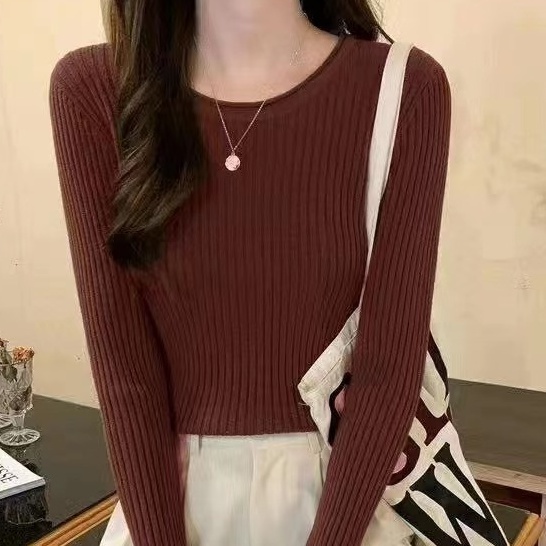 Áo len ZHELIHANGFEI tay dài cổ tròn lưng cao dáng ôm thời trang trẻ trung cho nữ