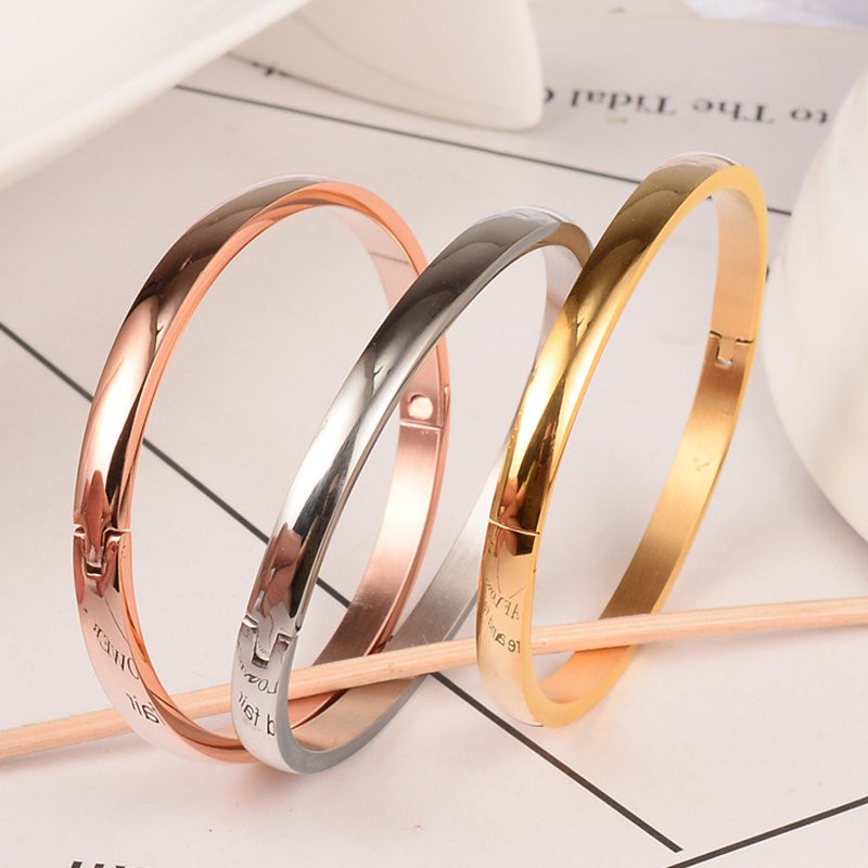 Vòng tay thép titan mạ vàng hồng 18K sáng bóng dày dặn hình bầu dục phong cách tối giản thời trang Hàn Quốc cho cặp đôi