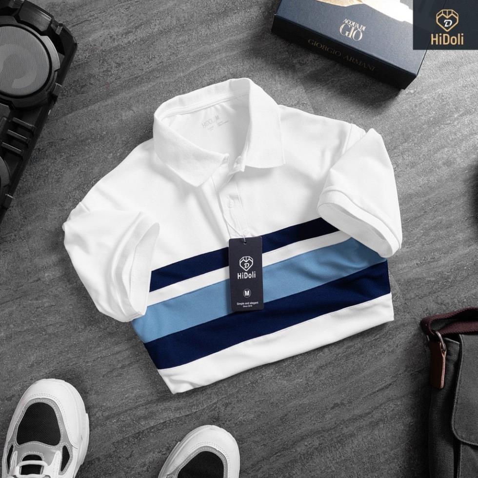 Áo thun polo nam trắng phối ngang chất vải cá sấu Cotton thoáng mát, co giãn tốt, thấm hút mồ hồi hàng chất lượng cao