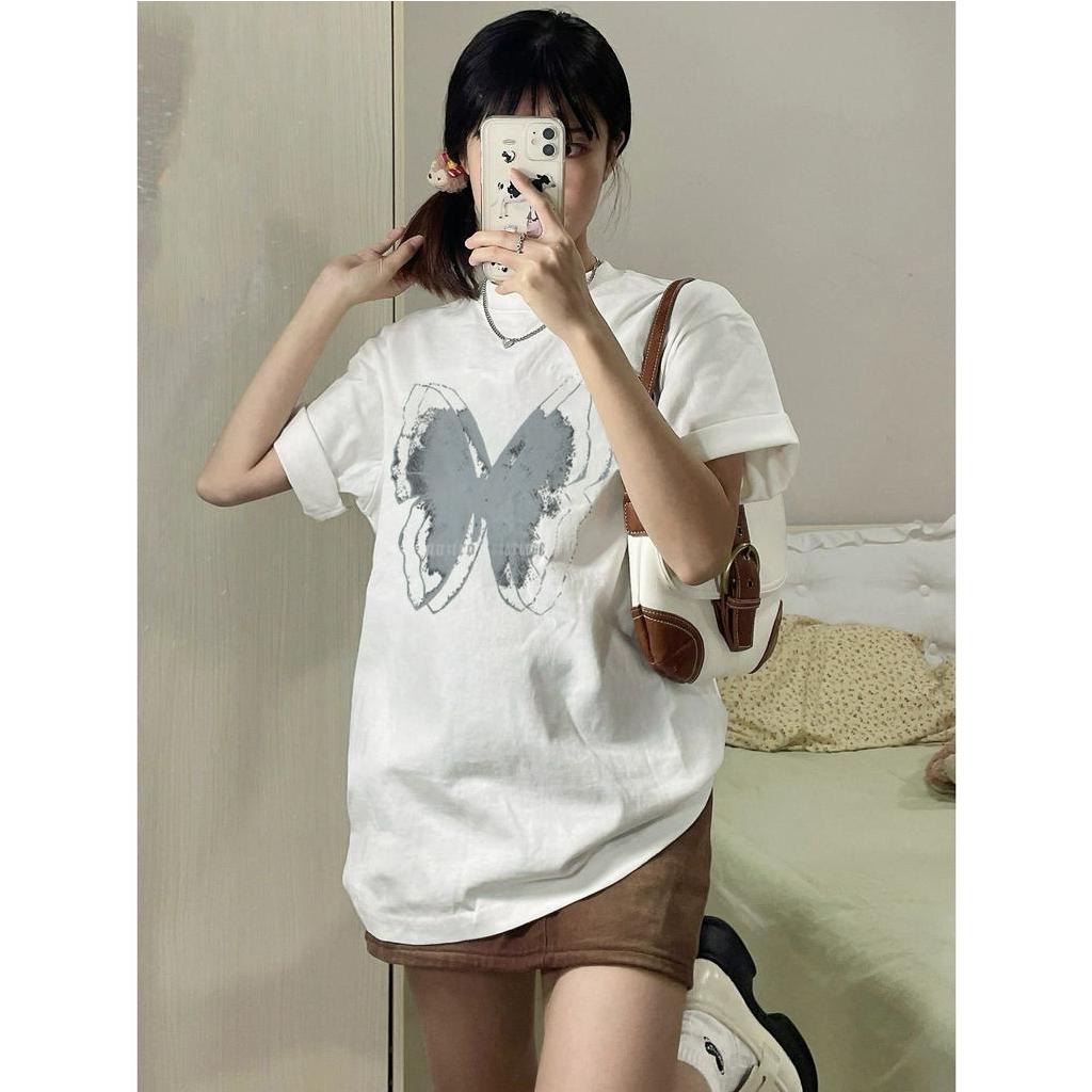 SELVZE Áo Thun Cotton Ngắn Tay Dáng Rộng In Họa Tiết Bướm Cổ Điển Cá Tính