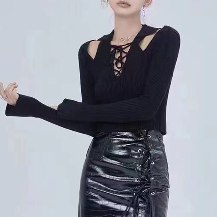 SUXI Áo Dệt Kim Trễ Vai Tay Loe Dài Thiết Kế Cổ Chữ V Quyến Rũ